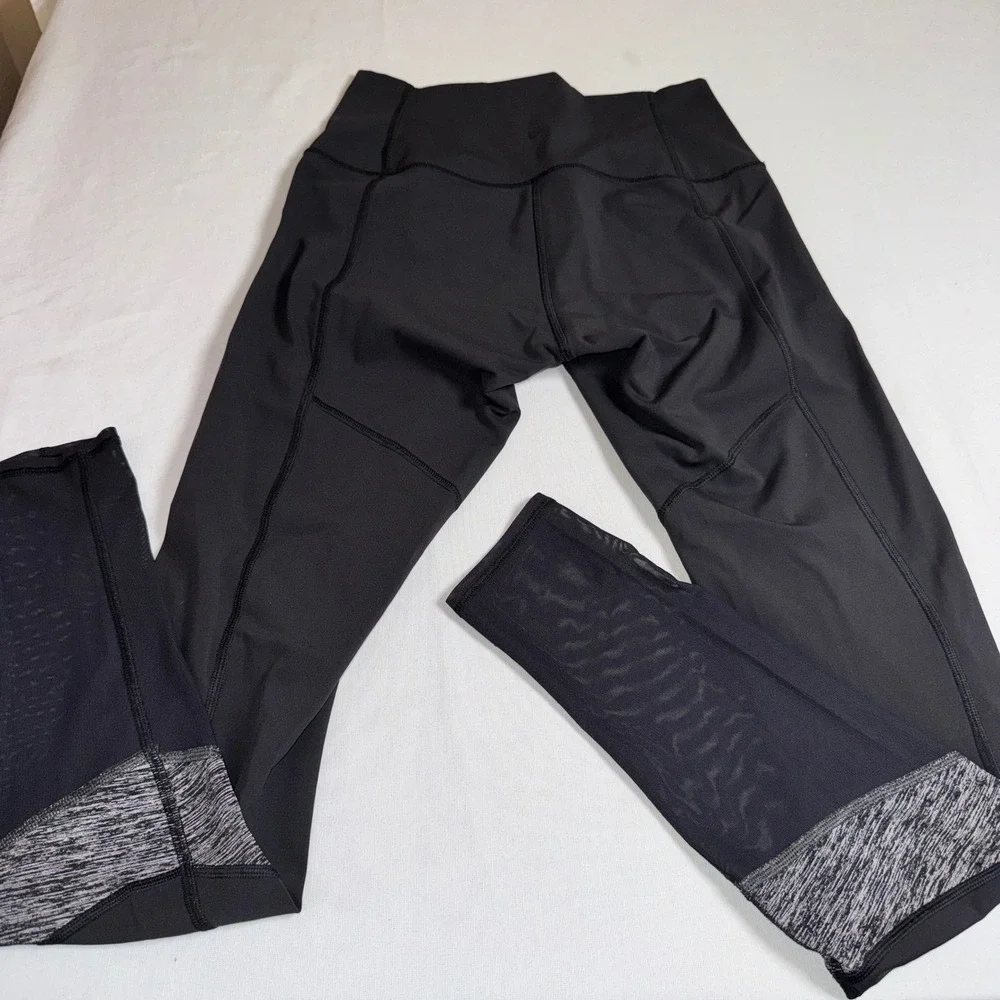 Lululemon Black Mesh Panel High Rise Leggings Size 8 Heathered‎ Grey Trim Yoga